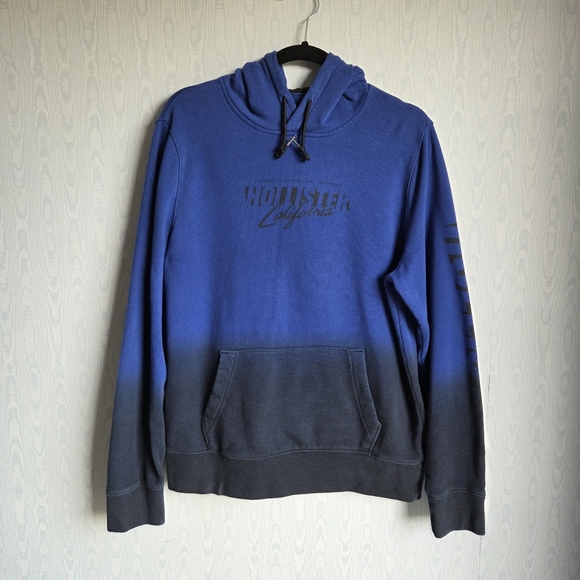 Hollister Dip Dye Two Tone Spellout Heavyweight Hoodie Mens M Blue Black - Picture 1 of 7